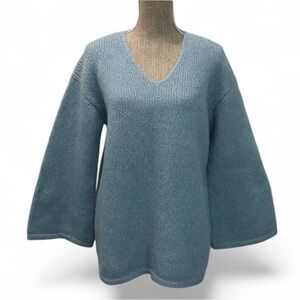 Nuwoola Mod Vittoria Blue V-Neck Sweater Alpaca Size Small, Teal Blue Oversized